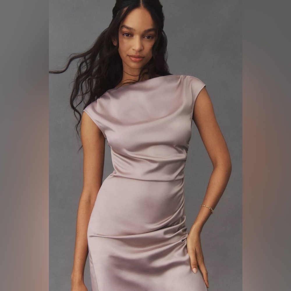 NWT BHLDN Francesca High-Neck Stretch Satin Midi Dress - Picture 2 of 4